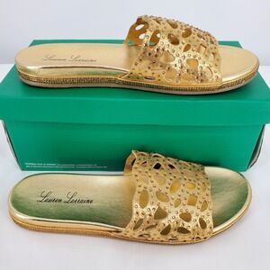 Lauren Lorraine Byanka Gold Rhinestone Slide‎ Sandals Womens 9